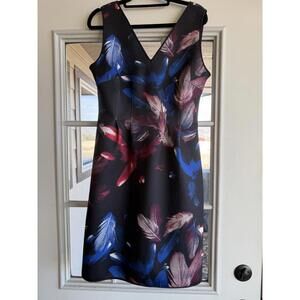 WHBM White House Black Market Dress 6 Black Blue Red Feather Print